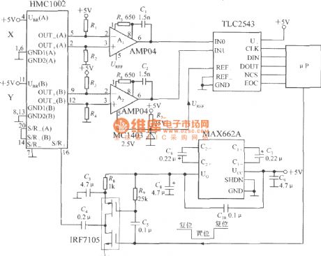 The application circuit of dual-axis magnetic field sensor (integrated magnetic sensor HMC1002) with S / R circuit and serial interface
