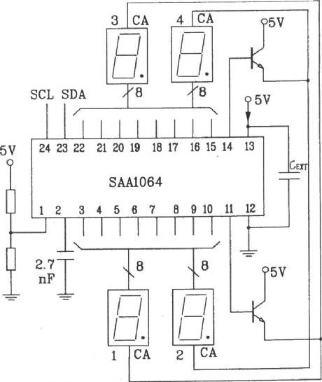 The dynamic driving interface circuit between SAA1064 serial I2C bus and  LED display IC