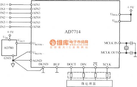 Isolated data acquisition system circuit with 5 channel low power programmable sensor signal processor AD7714 and microprocessor circuit