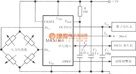High-accuracy pressure measurement system circuit diagram composed of intelligent dual-channel sensor signal processor MAX1463