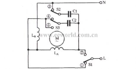 The single-phase motor connected capacitor series-parallel three-speed circuit