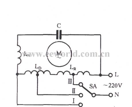 Single-phase motor winding tap L-1 connection three-speed circuit