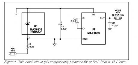 Simple Circuit Provides +5V Gate Bias from -48V Input