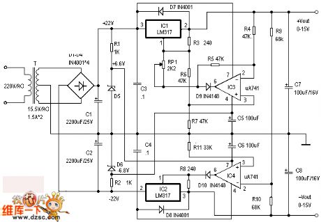 Tracking 0 ~ ± 15V regulator circuit diagram