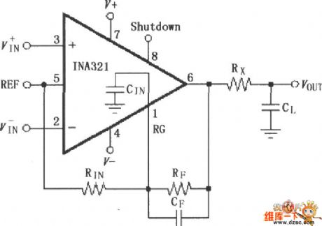 INA321/322 amplifier circuit diagram using feedback capacitor to improve dynamic characteristics