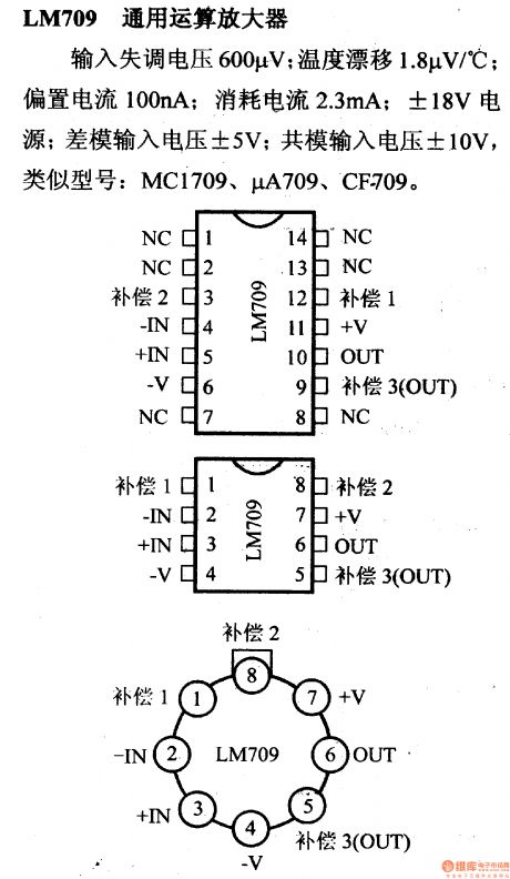 LM709 general purpose operational amplifier and its pin main characteristics
