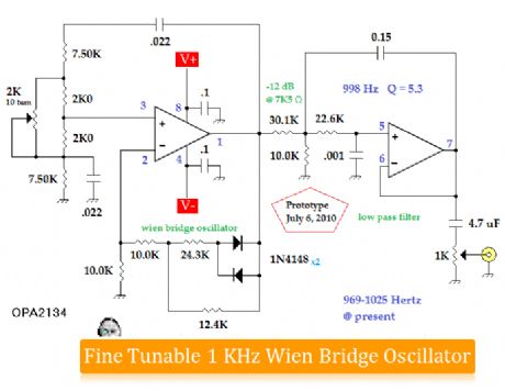fine tunable 1KHz wien bridge oscillator