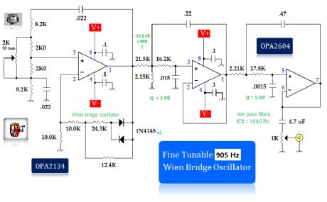 fine tunable 905Hz wien bridge oscillator