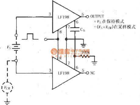 Differential input maintaining circuit composed of two LF198 sample maintainging amplifiers
