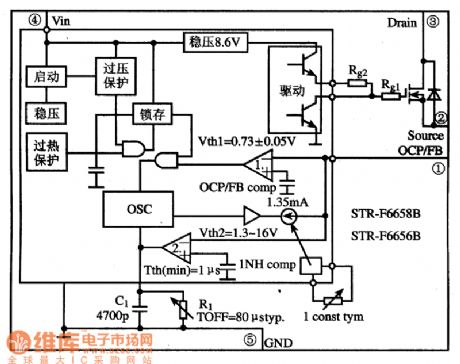 STR-F6656B, STR-F6658B switching power thick-film integrated circuit diagram