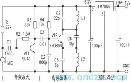 FM wireless microphone circuit with voltage regulator circuit