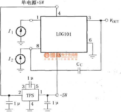 Single supply +5 V operating circuit of logarithmic and logarithmic ratio amplifier LOG101/104