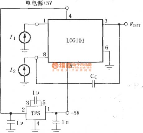 Single supply +5 V operating circuit of logarithmic and logarithmic ratio amplifier LOG101/104