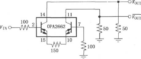 Single-end input, double-end output differential line driver circuit composed of OPA2662