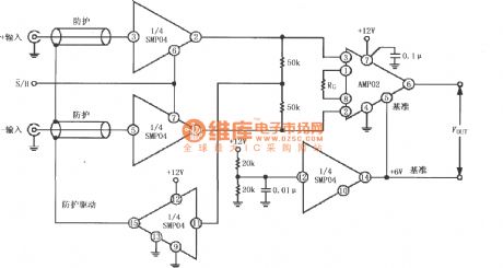 +12V single supply sampling instrument amplifier circuit with protective driver composed of SMP04 and instrument amplifier