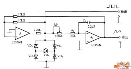 Oscillator circuit diagram with triangle-wave/square wave output
