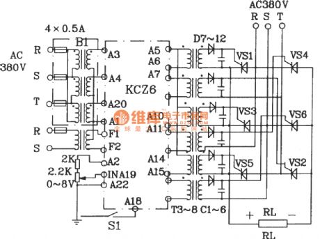 Three - phase AC voltage regulator circuit diagram for KCZ6 component applications