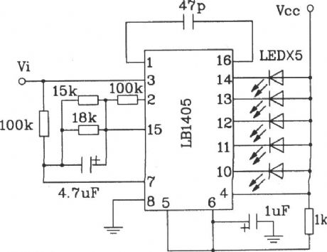 The typical application circuit of LB140 5-bit LED level indicator driver IC
