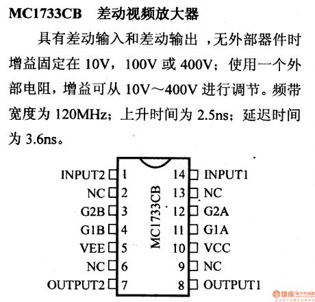 MC1733CB differential video amplifier and its pin main characteristics