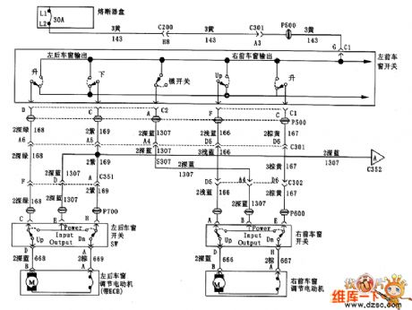 Power supply, window switch and adjust the motor circuit diagram