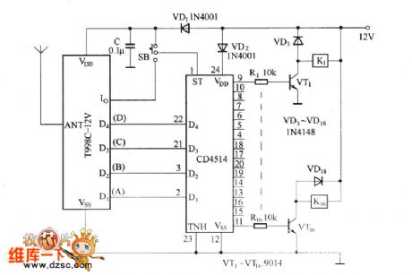 16-channel remote control circuit schematic (T998C)