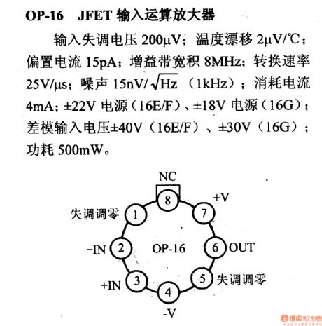 OP-16 JFET input op amp and its pin main characteristics