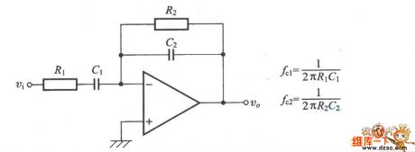 Band pass filter diagran with operational amplifier
