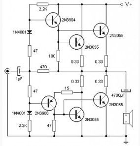 90 W audio power amplifier based on transistor