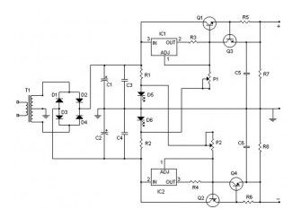 Symmetrical regulated power supply and variable 0 to 30V 2A