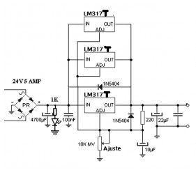 Power supply 4.5 A with 3 LM317 in parallel