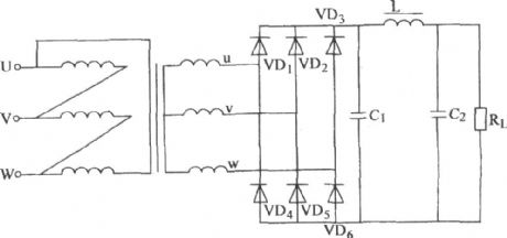 The three-phase bridge rectifier pop n-type filter circuit