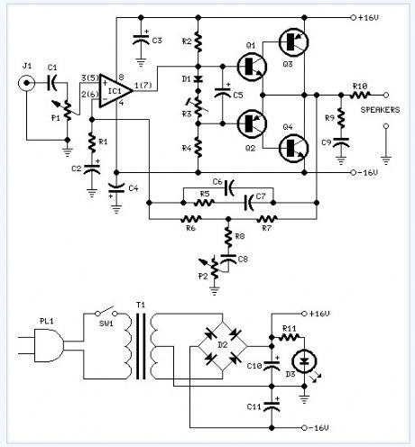 10w Audio Amplifier With Bass-boost electronic circuit