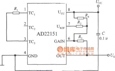 Single polarity mode of temperature compensation circuit diagram composed of linear output integrated magnetic field sensor AD22151