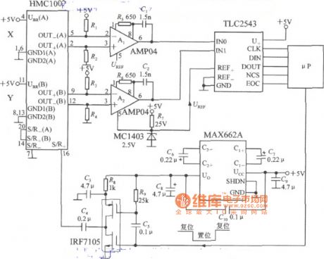 Application circuit diagram of the biaxial magnetic field sensor with S/R and serial interface circuit