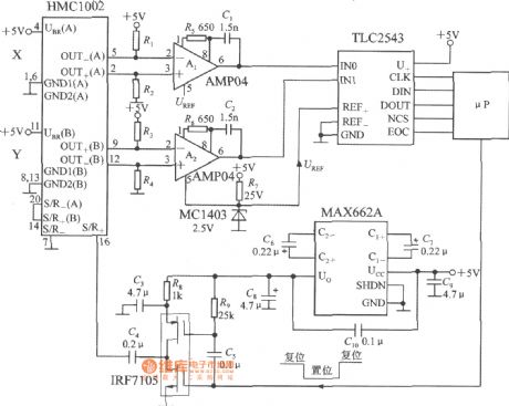 Dual-axis magnetic field sensor application circuit with S / R circuit and serial interface (integrated magnetic sensor HMC1002) circuit diagram