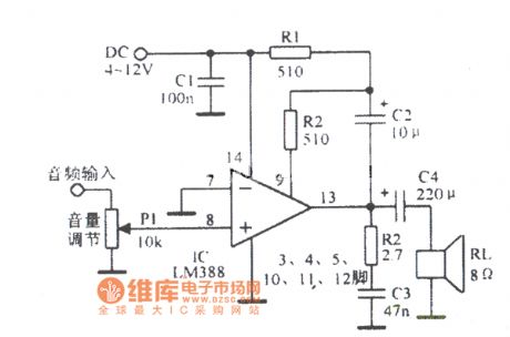 Gain for 20 and load ground LM388 circuit diagram