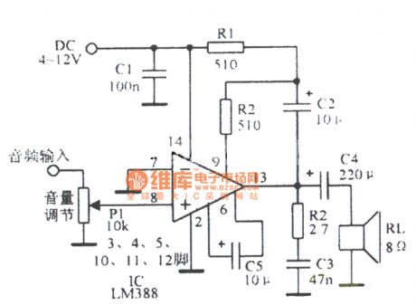 Gain of 200 and load ground LM388 circuit diagram