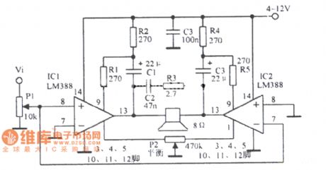 LM388 bridge type power amplifier circuit diagram