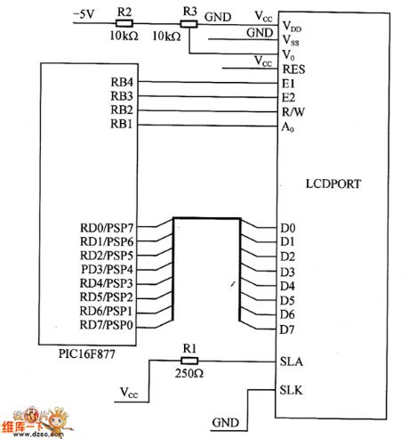 PIC16F877 and interface of MG-12232 module circuit diagram