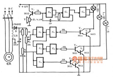 Motor working condition sound and light warning circuit