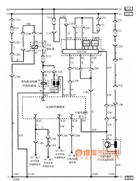 Excelle electronic evaporative emission carbon can purge solenoid valve, camshaft position sensor, instrument cluster, and the speed sensor circuit diagram