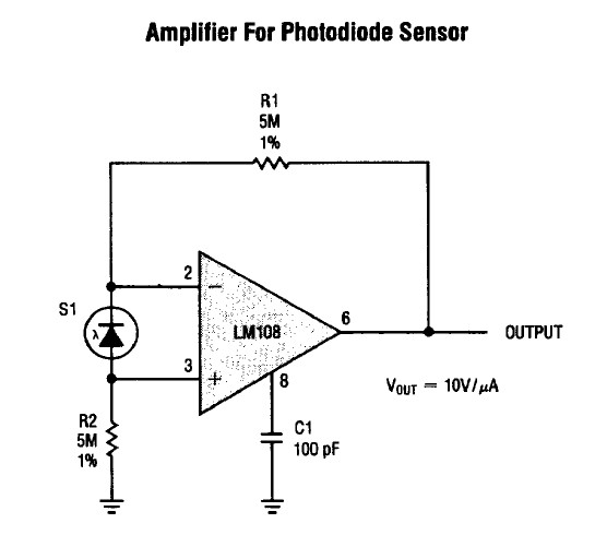 LM108H amplifier for photodiode sensor