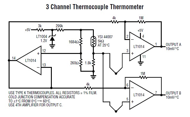 LT1013AMJ8/883C 3 Channel Thermocouple Thermometer
