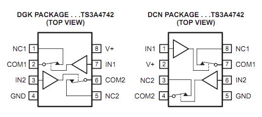 TS3A4742DCNR pin configuration