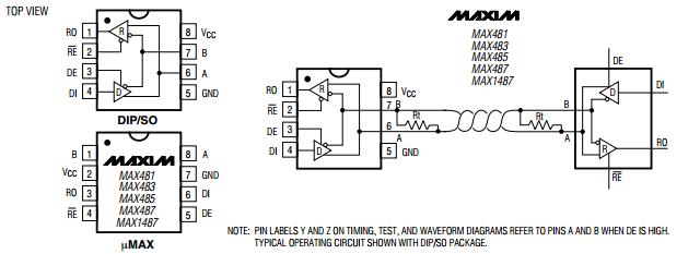 MAX485CPA+ Pin Configuration and Typical Operating Circuit